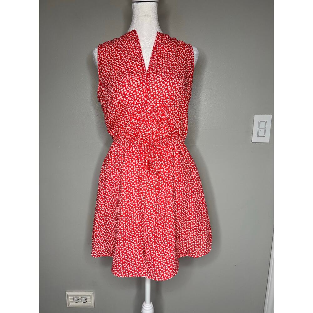 Gap Red Floral Print Sundress Cinched Tie Waist Sleeveless Daisies Women's XS‎